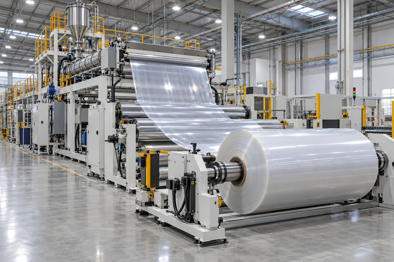 Cast film extrusion line winding clear film onto a roll