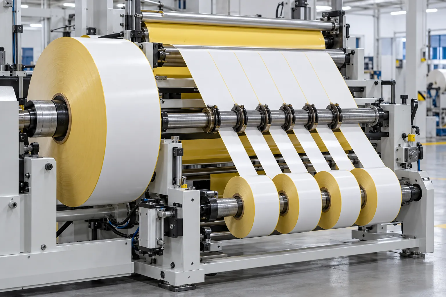 Jumbo roll of label stock being slit into narrow rolls