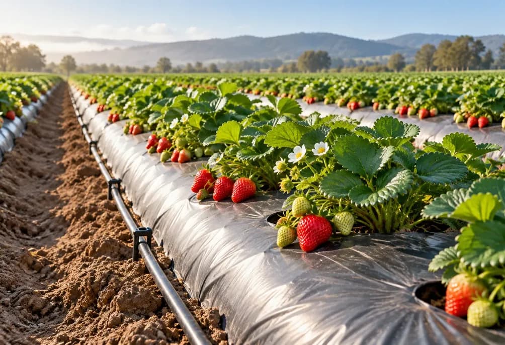 Mulch film covering rows of strawberries