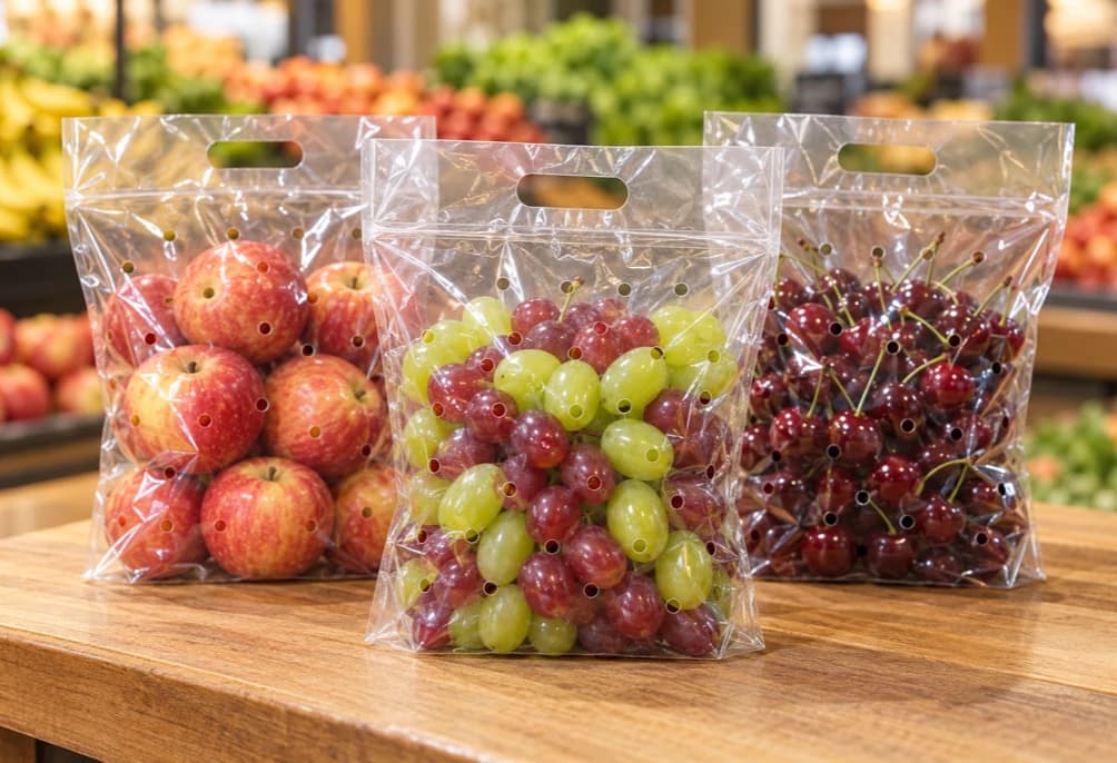 Clear micro-perforated produce pouches filled with apples, grapes and cherries