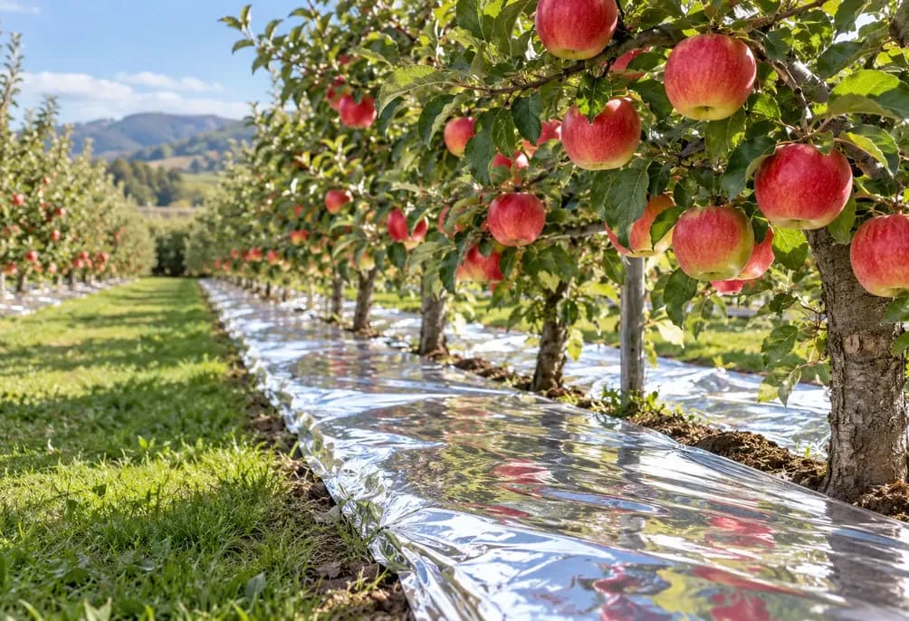 Reflective film laid between orchard rows