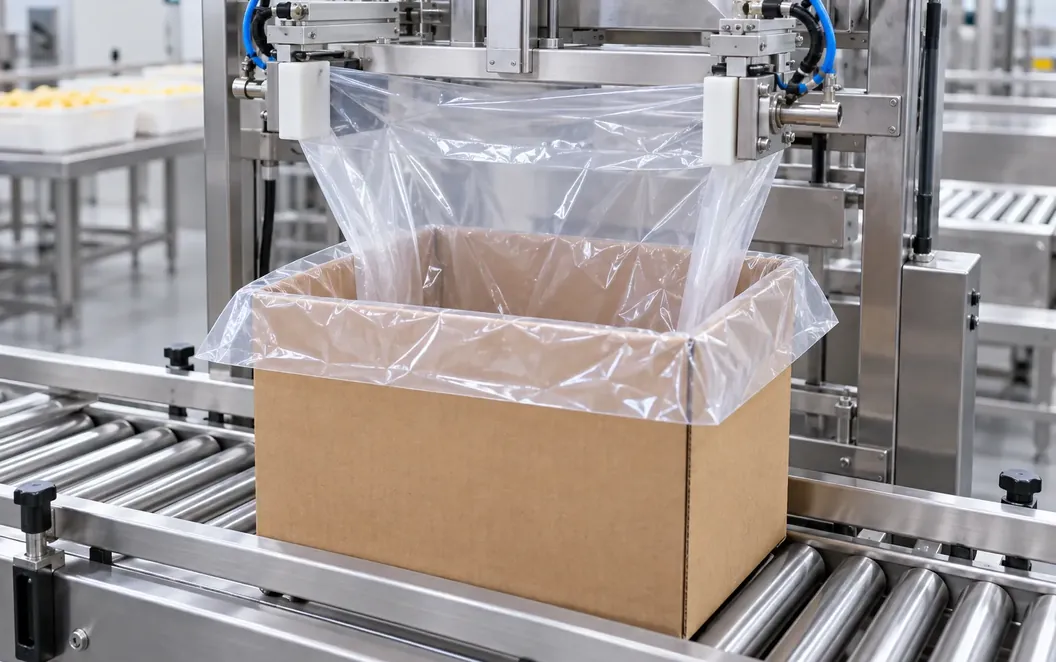 Machine inserting a bag into a carton on a conveyor