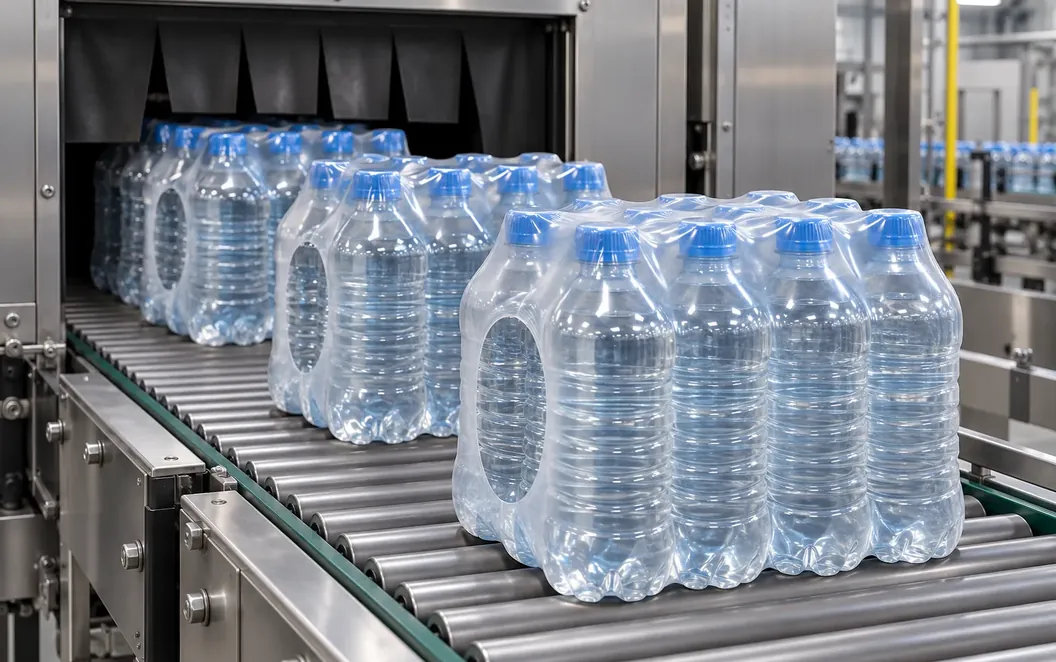 Shrink-bundled packs of water bottles on a conveyor