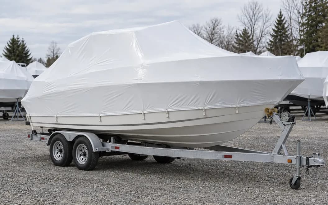 Boat covered in white shrink wrap