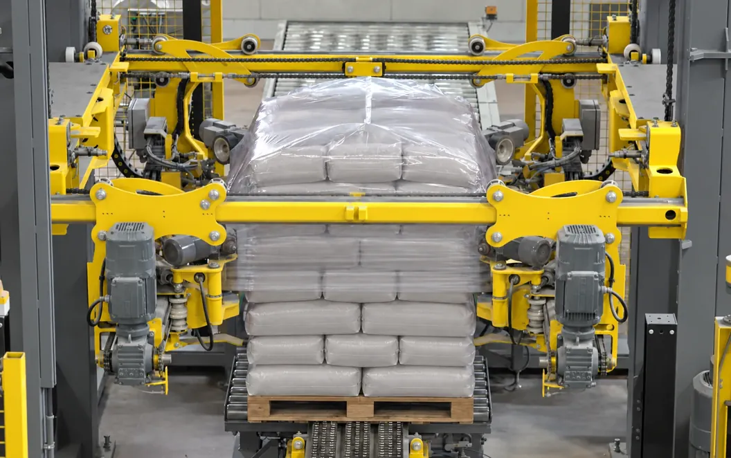 Stretch hood film being pulled over a pallet by a stretch hooder